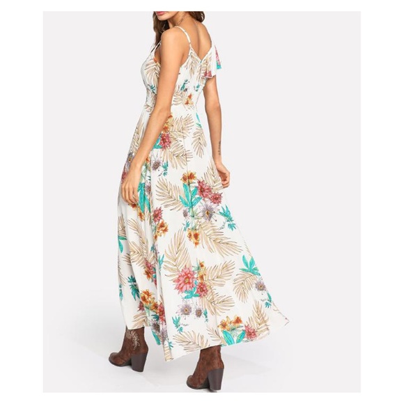 White Tropical Print Maxi Dress Asymmetrical Sleeve Button Down - Picture 6 of 6